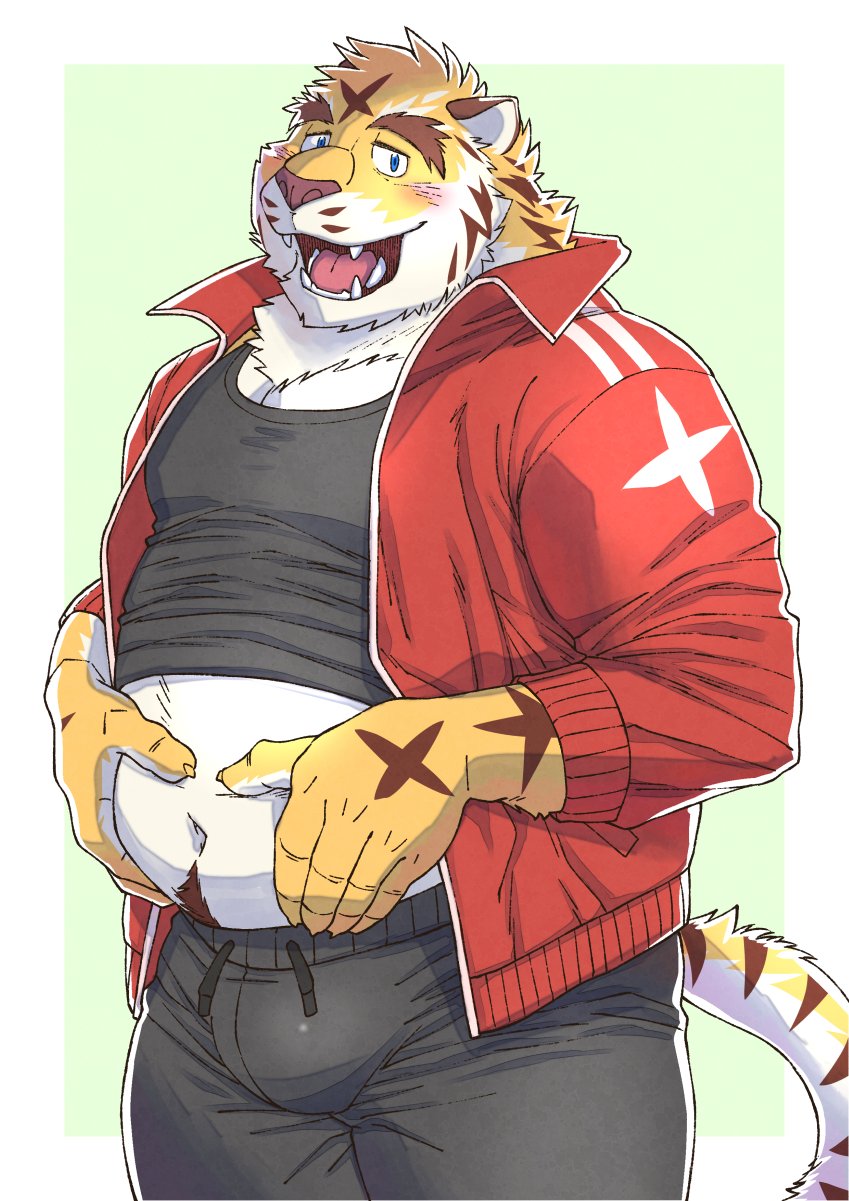 2023 anthro belly blue_eyes blush bottomwear bulge clothing felid hi_res humanoid_hands kemono male mammal overweight overweight_male pantherine pants ryuta-h shirt simple_background solo tiger topwear
