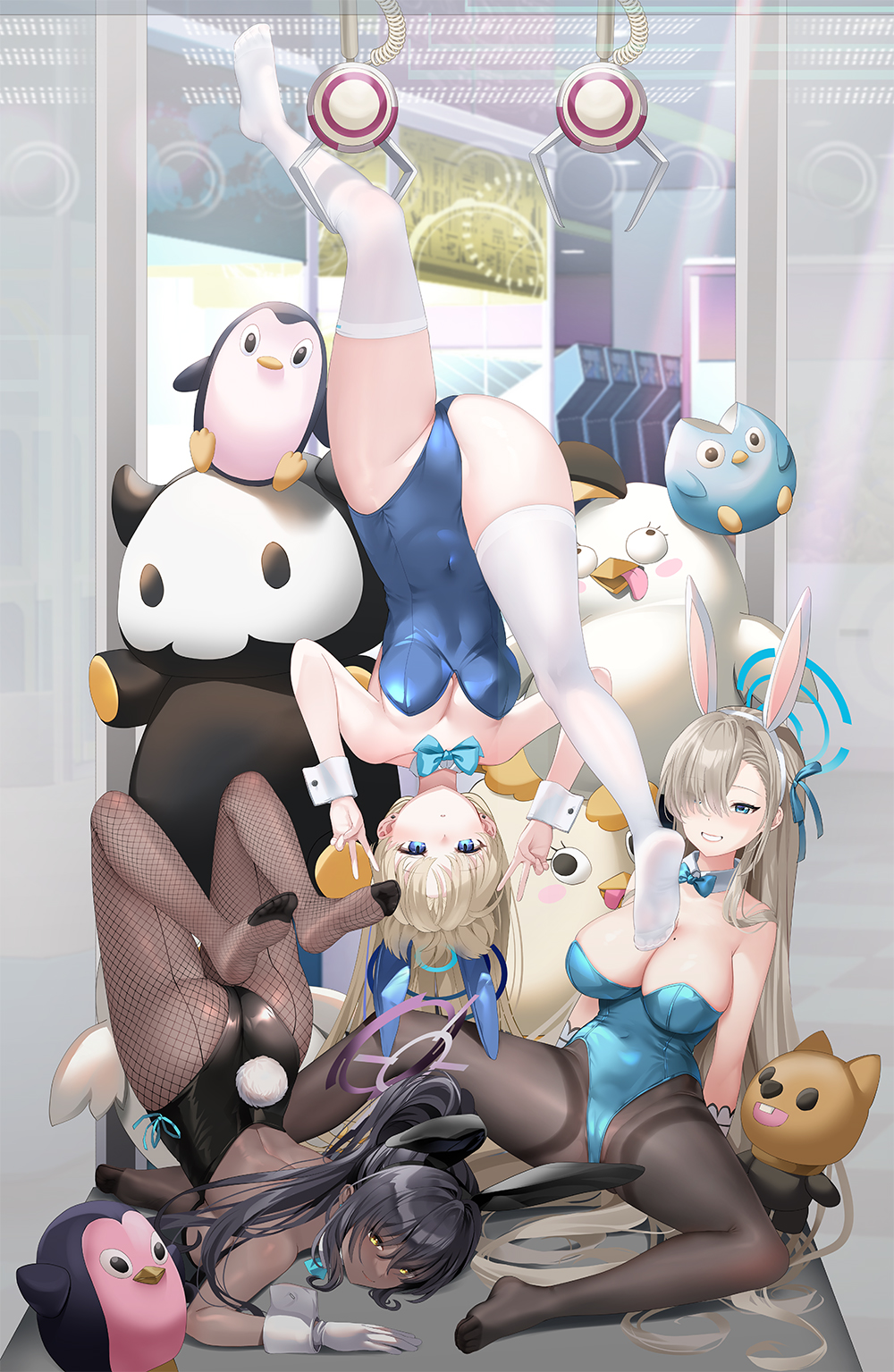 3girls animal_ears aqua_bow aqua_leotard arcade ass asuna_(blue_archive) asuna_(bunny)_(blue_archive) asymmetrical_bangs black_leotard blonde_hair blue_archive blue_eyes blue_leotard bow bowtie breasts crane_game dark-skinned_female dark_skin detached_collar double_v fake_animal_ears fake_tail fishnet_pantyhose fishnets hair_over_one_eye halo hanging_legs highleg highleg_leotard highres karin_(blue_archive) karin_(bunny)_(blue_archive) leotard lifting_person light_brown_hair long_hair looking_at_viewer medium_breasts mole mole_on_breast multiple_girls mvv official_alternate_costume paid_reward_available pantyhose playboy_bunny rabbit_ears rabbit_tail smile strapless strapless_leotard stuffed_animal stuffed_toy tail thighband_pantyhose thighhighs toki_(blue_archive) toki_(bunny)_(blue_archive) top-down_bottom-up traditional_bowtie upside-down v very_long_hair white_thighhighs wrist_cuffs