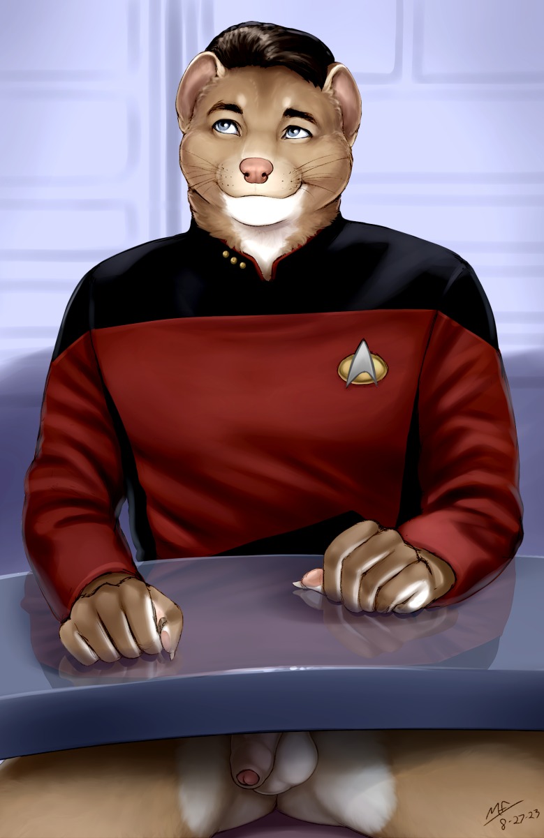 anthro balls bottomless casual_exposure casual_nudity clothed clothing commander_stryker flaccid foreskin genitals hi_res male mammal mink moodyferret mustelid musteline partially_clothed penis solo star_trek star_trek_the_next_generation starfleet true_musteline uniform whiskers