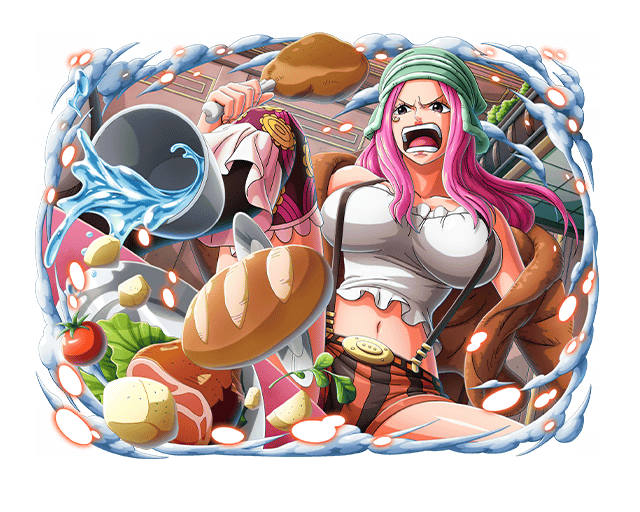1girl bread brown_jacket cup food game_cg jacket jewelry_bonney long_hair meat midriff navel official_art one_piece one_piece_treasure_cruise open_mouth piercing pink_hair shirt solo teeth tomato water white_shirt