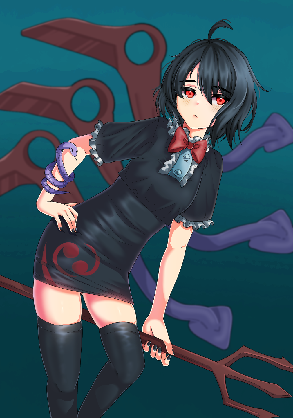1girl asymmetrical_wings black_dress black_hair black_thighhighs blue_wings bow bowtie dress highres holding houjuu_nue ioriorigami non-web_source polearm red_bow red_bowtie red_eyes red_wings short_hair snake solo thighhighs touhou trident undefined_fantastic_object weapon wings
