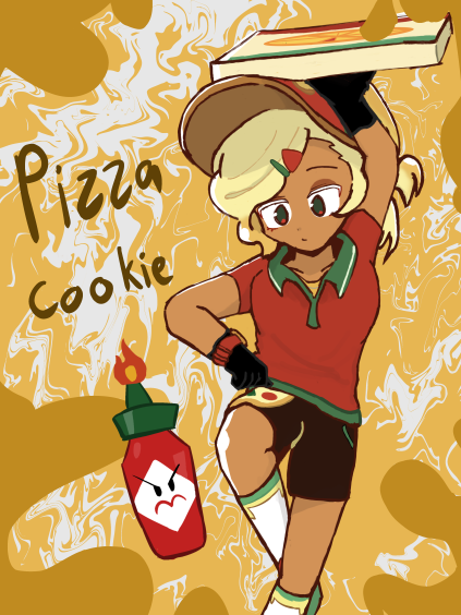 angry black_gloves cheese fire food gloves hair_ornament hairclip hot_sauce kneehighs non-web_source pizza pizza_box pizza_cookie pizza_delivery red_shirt shirt short_shorts shorts simple_background socks