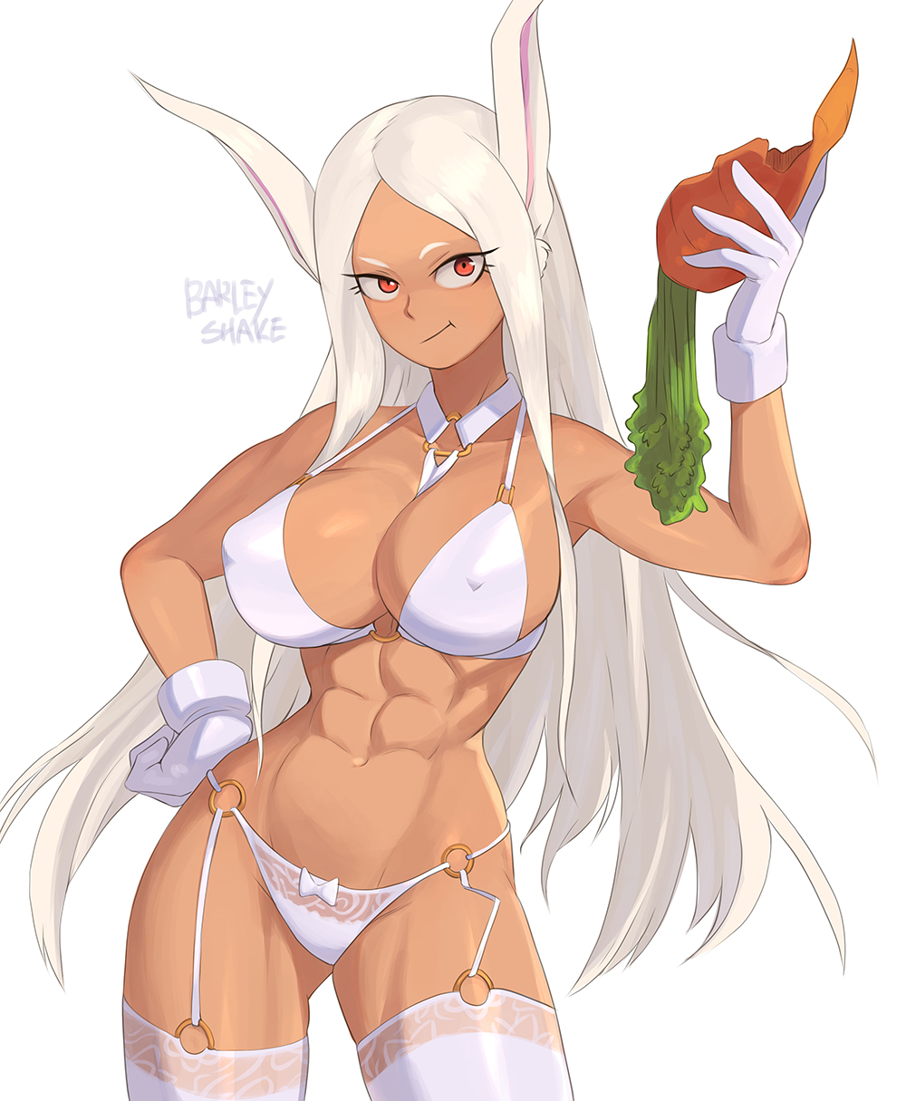 1girl abs animal_ears arm_up barleyshake boku_no_hero_academia bra breasts carrot cleavage covered_nipples dark-skinned_female dark_skin eating food gloves hand_on_own_hip highres large_breasts long_hair looking_at_viewer mirko muscular muscular_female navel panties rabbit_ears rabbit_girl red_eyes simple_background solo thighhighs underwear underwear_only very_long_hair white_background white_bra white_gloves white_hair white_panties white_thighhighs