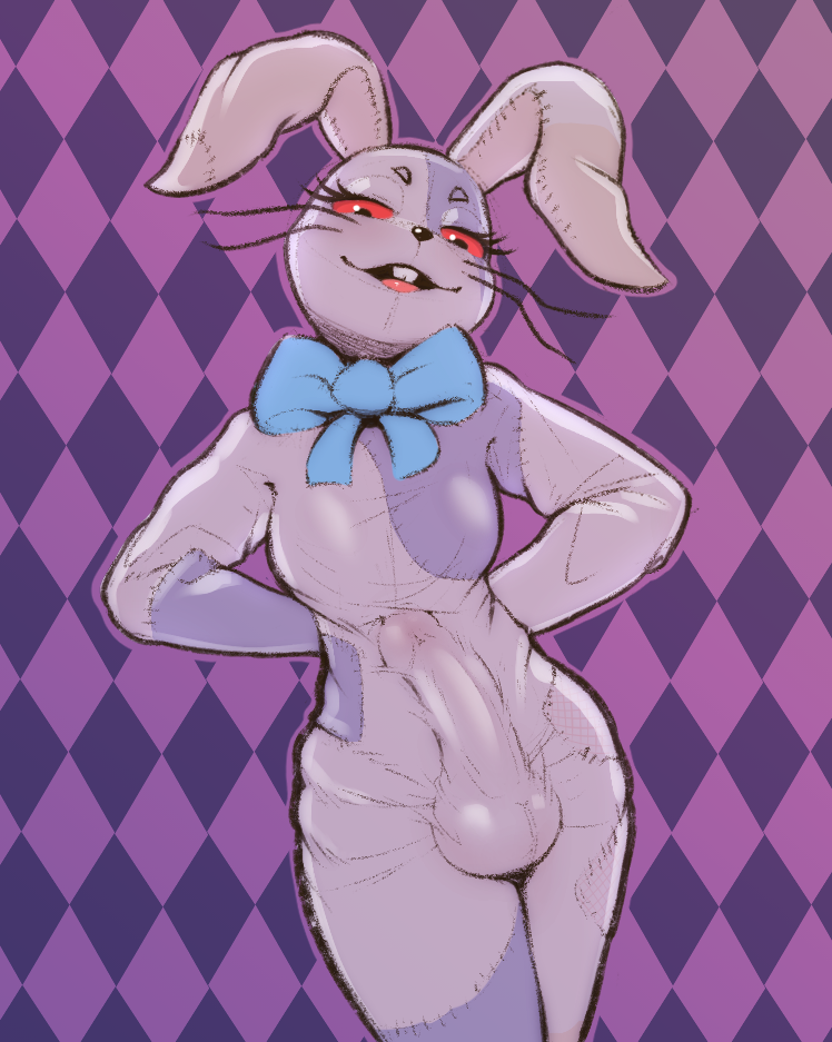anthro biskydraws breasts buckteeth clothed clothing erection erection_under_clothing five_nights_at_freddy's genitals gynomorph intersex lagomorph leporid mammal open_mouth penis rabbit red_eyes scottgames solo teeth vanny_(fnaf) whiskers white_body