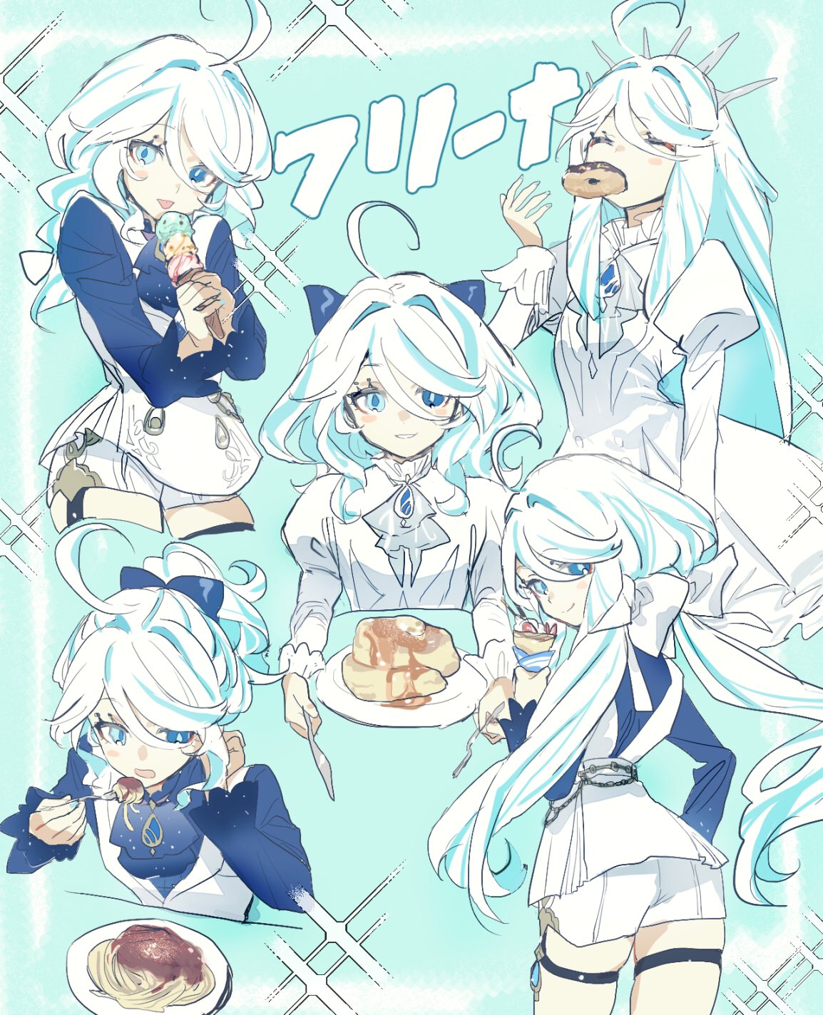 2girls ahoge ascot blue_ascot blue_background blue_bow blue_eyes blue_gemstone blue_hair blue_pupils blue_shirt blush bow butter commentary crepe doughnut drop-shaped_pupils eating focalors_(genshin_impact) food fork furina_(genshin_impact) gem genshin_impact grey_ascot hair_bow heterochromia highres holding holding_fork holding_knife ice_cream knife long_hair looking_at_viewer maple_syrup multicolored_hair multiple_girls multiple_views open_mouth pancake pancake_stack pasta plate ponytail shirt short_shorts shorts smug spaghetti streaked_hair talesofmea tongue tongue_out twintails utensil very_long_hair white_bow white_hair