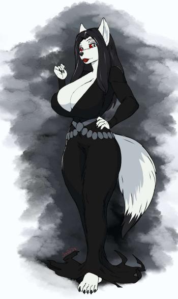 anthro big_breasts black_nails breasts canid canine canis colored_nails female fur huge_breasts lipstick makeup mammal morticia_addams multicolored_eyes multicolored_tail nails slim solo tail the_addams_family unknown_artist white_body white_fur wolf