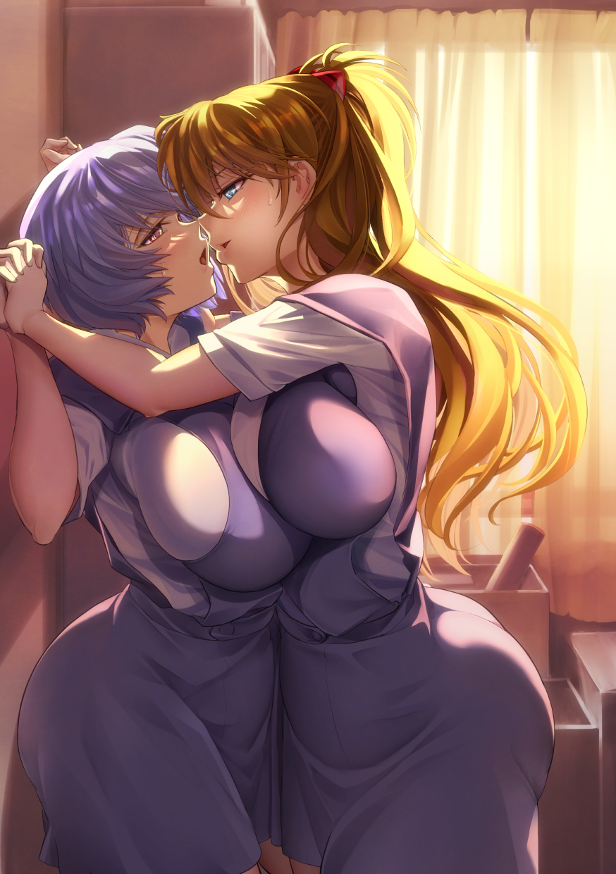 2girls alternate_breast_size ayanami_rei blonde_hair blue_eyes blue_hair breast_press breasts highres huge_breasts indoors kawaraya_a-ta long_hair multiple_girls neon_genesis_evangelion red_eyes short_hair souryuu_asuka_langley yuri