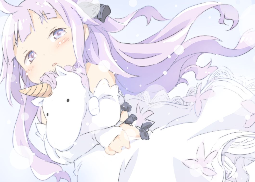 1girl ahoge azur_lane blue_eyes blue_ribbon blush d: detached_sleeves dress female_child floating_hair frown hair_ribbon ham_(points) holding holding_stuffed_toy light_purple_hair long_hair long_sleeves multicolored_eyes object_hug open_mouth purple_eyes purple_pupils ribbon side_cutout sleeves_past_wrists solo stuffed_toy stuffed_unicorn unicorn_(azur_lane) very_long_hair white_dress white_sleeves