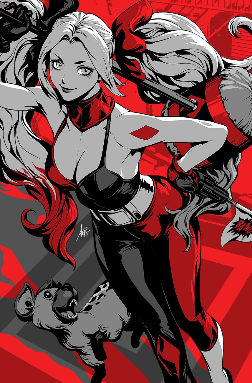 1girl belt black_bow bow breasts choker cleavage collarbone dc_comics diamond_print dog feet_out_of_frame flag_pistol gradient_hair gun hair_bow harley_quinn highres holding holding_gun holding_mallet holding_weapon large_breasts limited_palette mallet multicolored_hair parted_bangs red_bow red_choker sidelocks signature smile solo standing stanley_lau twintails two-tone_pants two-tone_shirt weapon