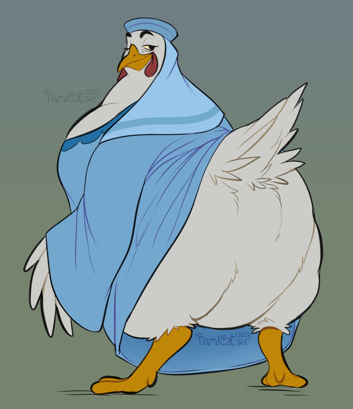 2023 anthro avian beak big_breasts bird bottomless bottomless_female breasts chicken chubby_female clothed clothing digitigrade disney featureless_crotch female galliform gallus_(genus) hi_res lady_kluck phasianid rear_view remicat robin_hood_(disney) solo