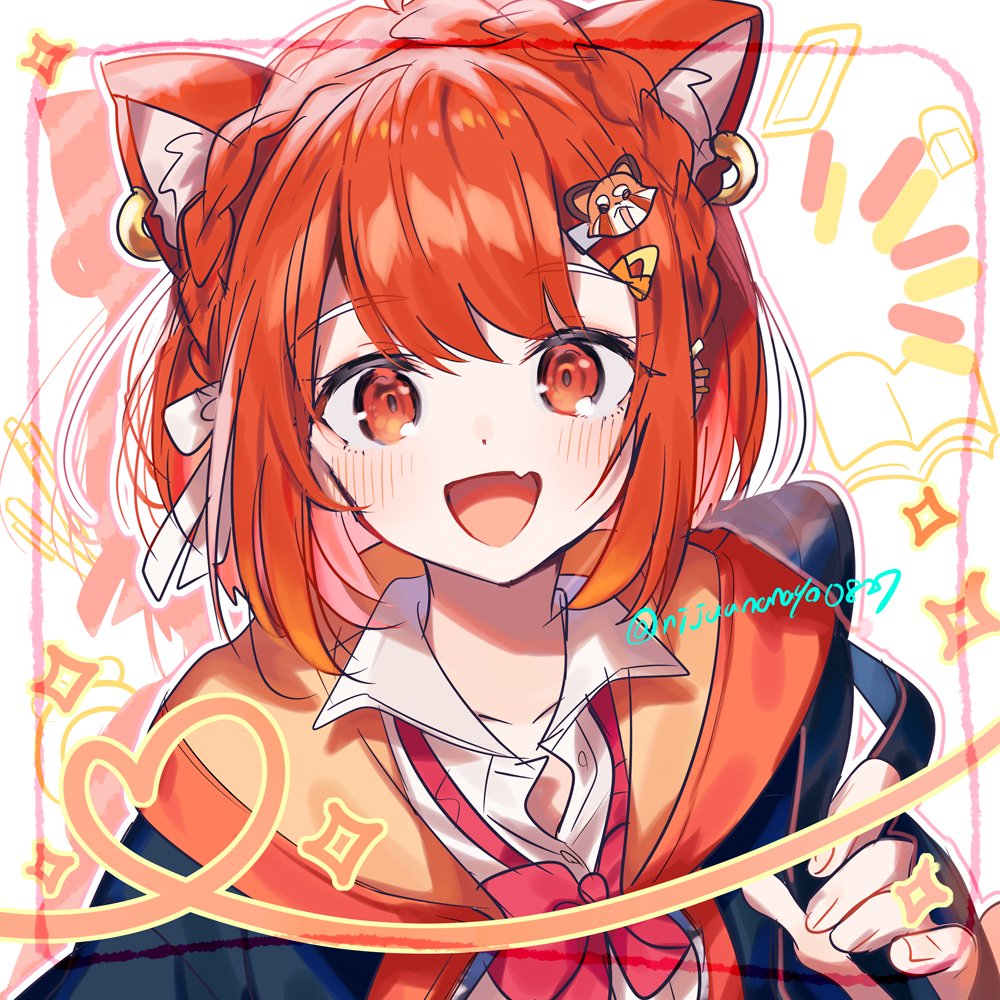 1girl animal_ear_fluff animal_ears blush bow bowtie braid cat_ears cat_girl cat_hair_ornament fang hair_ornament hood hoodie jacket_over_hoodie looking_at_viewer miyukiyo nijisanji open_mouth orange_eyes orange_hair orange_hoodie ratna_petit red_bow red_bowtie side_braid skin_fang smile solo