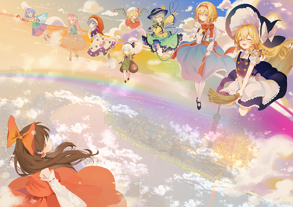 6+girls alice_margatroid apron ascot black_capelet black_hairband black_headwear blonde_hair blue_dress blue_eyes book bow braid broom broom_riding brown_eyes brown_hair bubble_skirt cape capelet cloud cloud_print crystal detached_sleeves doremy_sweet dream_soul dress eyeball flandre_scarlet floating frilled_hair_tubes frilled_hairband frilled_sleeves frills ghost green_hair green_skirt green_vest grimoire grimoire_of_alice hair_bow hair_tubes hairband hakurei_reimu hat hat_bow hat_ribbon hata_no_kokoro heart heart_of_string hitodama holding holding_broom katana kirisame_marisa komeiji_koishi konpaku_youmu mask mask_on_head mob_cap multicolored_clothes multicolored_dress multicolored_hairband multiple_girls nightcap noh_mask open_mouth patchwork_clothes pink_hair plaid plaid_shirt rainbow red_bow red_eyes red_hairband red_headwear red_skirt red_vest ribbon ribbon_trim river saigyouji_yuyuko sheath sheathed shirt short_hair side_braid single_braid skirt skirt_set sky sky_print smile sword tail tapir_tail tenkyuu_chimata third_eye touhou triangular_headpiece vest waist_apron weapon white_bow white_capelet white_hair white_headwear wide_sleeves wings witch_hat yellow_ascot yellow_shirt