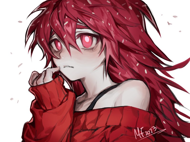 1girl 2023 artist_name closed_mouth collarbone flaky_(happy_tree_friends) frown hair_between_eyes hand_up happy_tree_friends long_hair mary_felizola off-shoulder_sweater off_shoulder personification portrait red_eyes red_hair simple_background sleeves_past_wrists solo sweater white_background