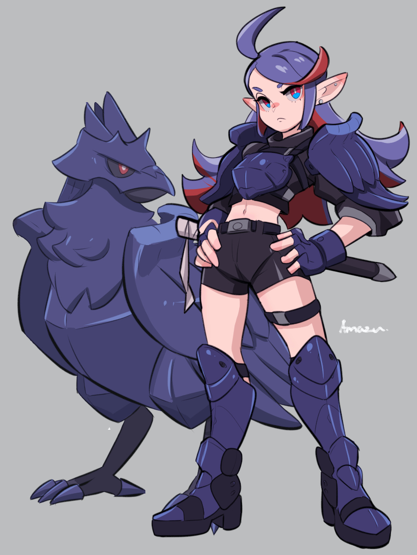 1girl ahoge amazu_(kurozu) armor armored_boots bird black_jacket black_shorts boots breastplate closed_mouth commentary corviknight cropped_jacket frown grey_background hands_on_own_hips jacket long_sleeves midriff multicolored_hair navel pauldrons personification pokemon pokemon_(creature) puffy_long_sleeves puffy_sleeves purple_footwear purple_hair red_eyes red_hair sheath sheathed short_eyebrows short_shorts shorts shoulder_armor signature simple_background standing streaked_hair thick_eyebrows v-shaped_eyebrows