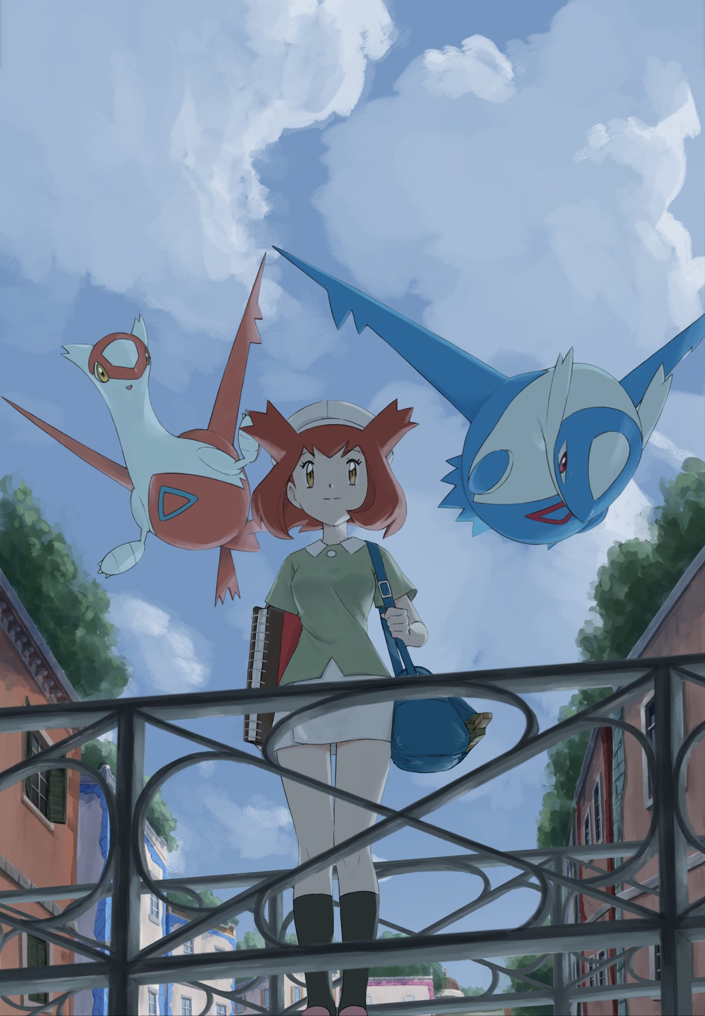 1girl bianca_(pokemon_heroes) black_socks blue_bag brown_eyes brown_hair closed_mouth cloud commentary_request day eyelashes fence from_below green_shirt hat highres holding holding_sketchbook holding_strap ia_(ilwmael9) latias latios medium_hair outdoors pink_footwear pokemon pokemon_(anime) pokemon_(classic_anime) pokemon_(creature) pokemon_heroes:_latios_&amp;_latias shirt shoes short_sleeves sketchbook skirt sky smile socks white_headwear white_skirt