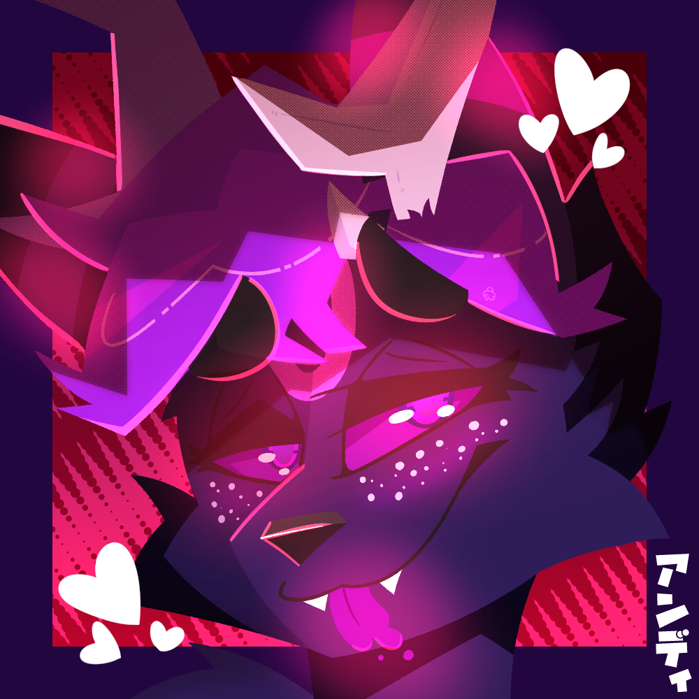 &lt;3 2023 anthro bedroom_eyes black_body black_fur black_nose border cute_fangs eeveelution eyebrows freckles front_view fur generation_2_pokemon hair half-closed_eyes headshot_portrait horn icon looking_at_viewer male narrowed_eyes nintendo open_mouth pink_eyes pink_hair pink_sclera pokemon pokemon_(species) portrait purple_border seductive skweekers solo thick_eyebrows tongue tongue_out umbreon white_horn