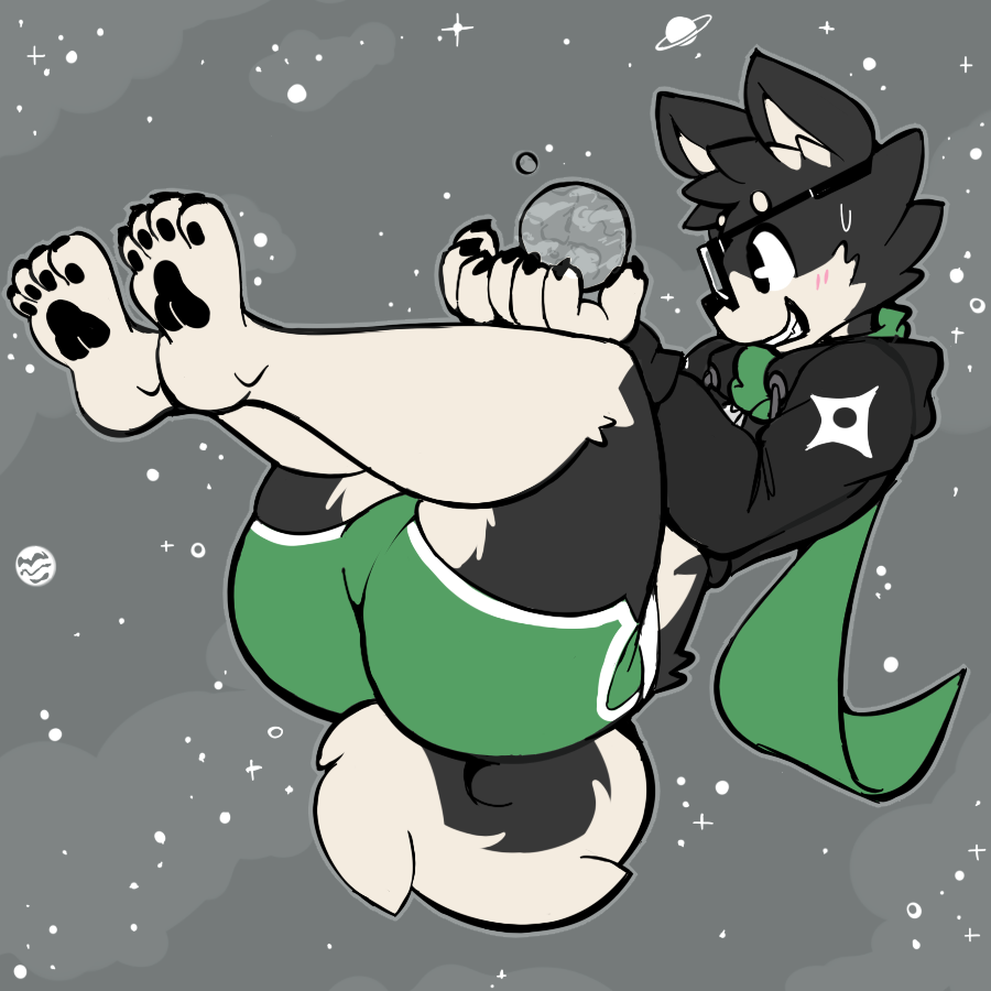 anthro baronflint big_butt black_body black_fur blush body_size_growth bottomwear bulge butt canid canine canis clothed clothing crop_top crop_top_hoodie digital_media_(artwork) domestic_dog eyewear fur giga glasses green_clothing green_scarf gyero_(baronflint) holding_planet huge_butt looking_at_planet macro male mammal pawpads planet scarf shiba_inu shirt shorts simple_background size_transformation smile solo spitz suspended_in_midair tail thick_thighs topwear transformation white_body white_fur wide_hips
