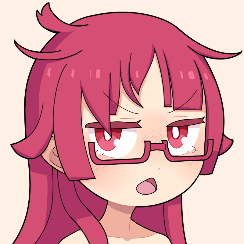 1girl blunt_bangs blush bright_pupils brown_background chestnut_mouth choppy_bangs commentary_request glasses hair_over_shoulder hospital_king kemurikusa long_hair looking_at_viewer medium_bangs messy_hair open_mouth portrait red-framed_eyewear red_eyes red_hair ryoku_(kemurikusa) simple_background solo tearing_up v-shaped_eyebrows white_pupils