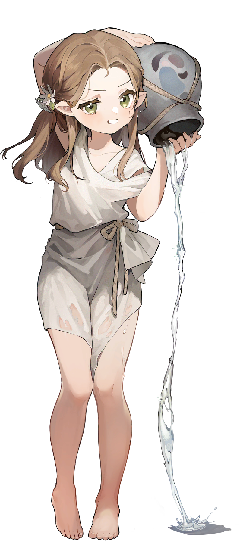 1girl bare_legs barefoot brown_hair child collarbone flower full_body green_eyes grin highres holding holding_vase la_source_(reverse:1999) looking_at_viewer money official_art parted_lips pointy_ears reverse:1999 rope short_sleeves smile solo standing tachi-e third-party_source transparent_background white_flower white_tunic