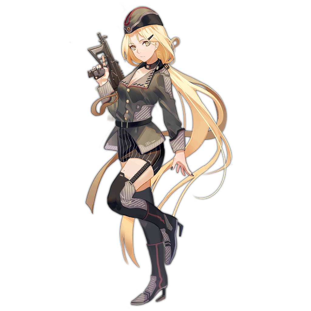 1girl arm_up belt black_choker black_footwear black_nails black_skirt black_thighhighs blonde_hair boots breasts choker cleavage expressionless fingernails footwear_request full_body girls'_frontline gun hair_ornament hairclip hat holding holding_gun holding_weapon long_hair looking_at_viewer medium_breasts military_coat norizc official_art pinstripe_pattern pinstripe_skirt pp-2000 pp-2000_(girls'_frontline) sajkaca simple_background skirt solo standing standing_on_one_leg striped submachine_gun thighhighs transparent_background trigger_discipline very_long_hair weapon yellow_eyes