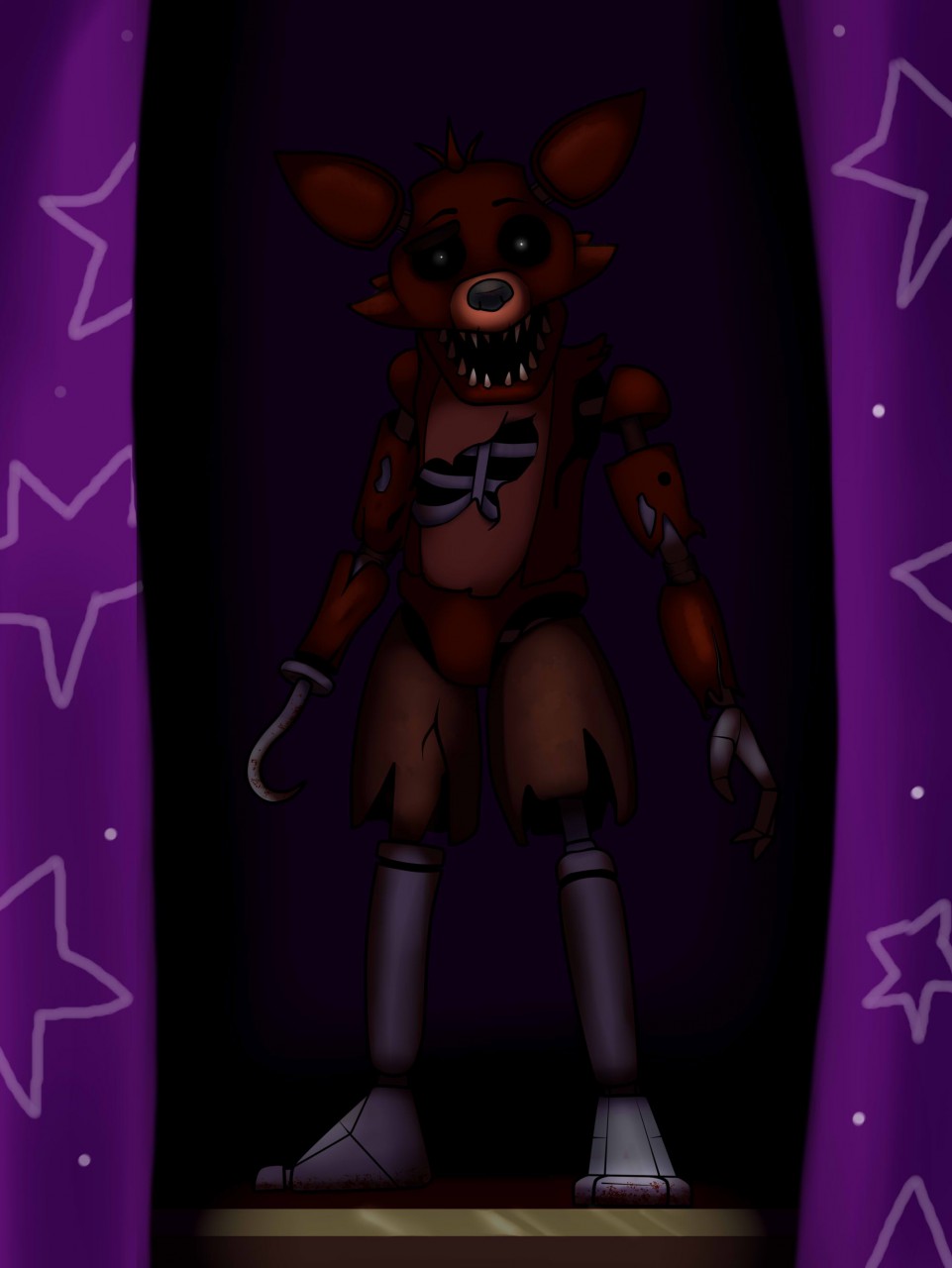 anthro big_ears big_eyes black_background black_eyes blood blood_on_feet bodily_fluids broken canid canine clothed clothing curtains curtains_open endoskeleton five_nights_at_freddy's fox foxy_(fnaf) fur hi_res hook horror_(theme) humanoid looking_at_viewer machine male mammal metal_legs open_mouth partially_clothed pirate_cove purple_curtains red_body red_fur robot scottgames simple_background solo standing star teeth twtr