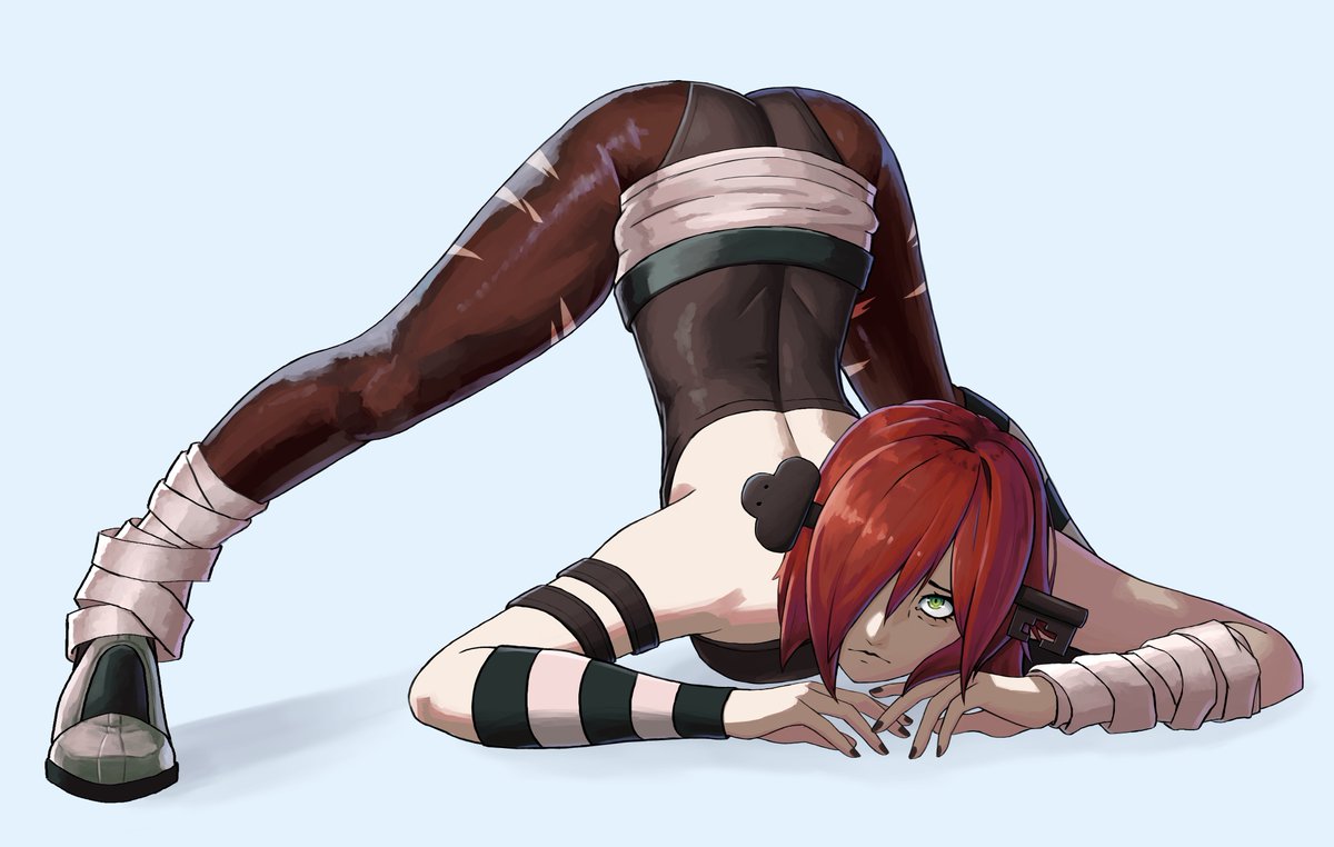 1girl a.b.a arched_back ass bags_under_eyes bandages black_leotard black_nails black_pantyhose blue_background freckles green_eyes guilty_gear guilty_gear_xx hair_over_one_eye hands_on_ground homunculus jack-o'_challenge key_in_head leotard looking_at_viewer medium_hair moodypresence nail_polish object_through_head pale_skin pantyhose red_hair shadow short_hair simple_background spread_legs stretching top-down_bottom-up torn_clothes torn_pantyhose wide_spread_legs