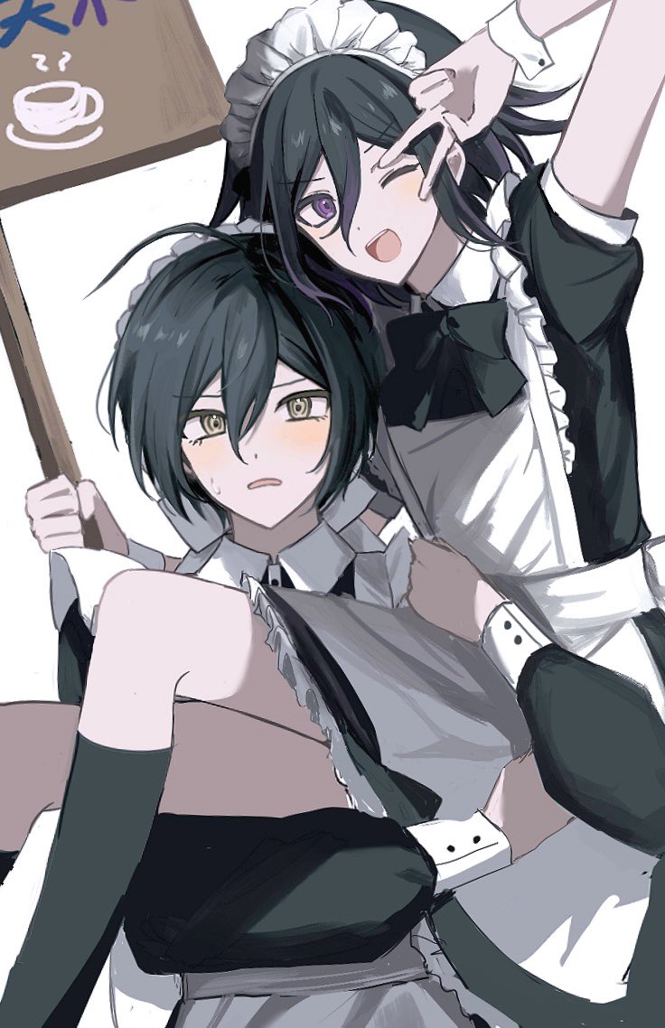 2boys ;d ahoge alternate_costume apron black_bow black_bowtie black_hair black_socks bow bowtie carrying carrying_person d: danganronpa_(series) danganronpa_v3:_killing_harmony enmaided frilled_apron frills holding holding_sign kneehighs maid maid_apron maid_headdress male_focus multiple_boys one_eye_closed open_mouth ouma_kokichi pale_skin saihara_shuuichi seuli_(sa404_3) short_hair sign simple_background smile socks teeth upper_teeth_only v_over_eye white_background