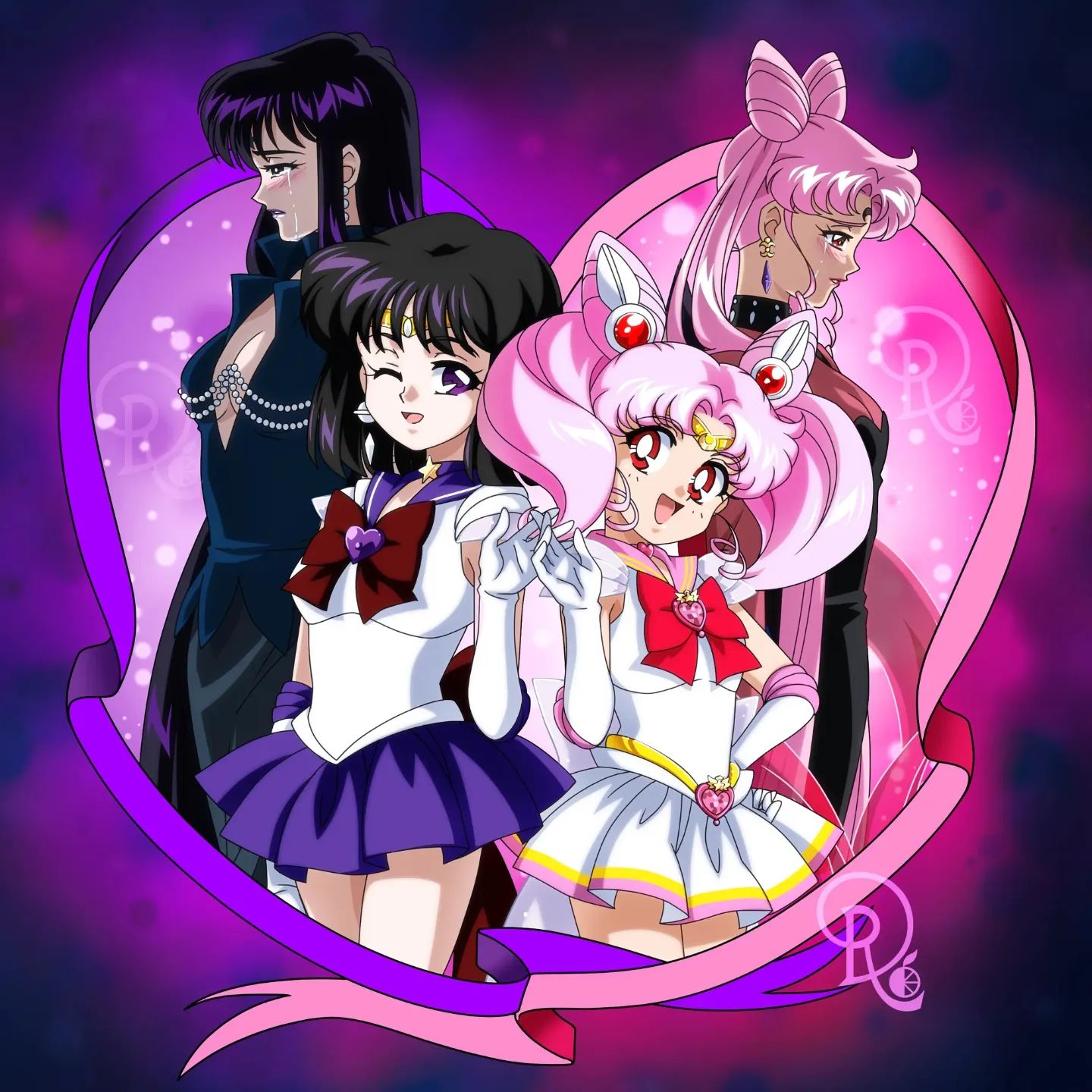 4girls bishoujo_senshi_sailor_moon black_dress black_hair black_lady breasts chibi_usa choker circlet cleavage commentary cone_hair_bun crying crystal_earrings double_bun drachea_rannak dress drill_hair dual_persona earrings elbow_gloves english_commentary facial_mark forehead_mark frown gloves hair_bun highres jewelry lipstick makeup medium_breasts miniskirt mistress_9 multiple_girls one_eye_closed open_mouth pink_hair pleated_skirt purple_choker purple_eyes purple_lips red_eyes sailor_chibi_moon sailor_saturn skirt small_breasts smile star_(symbol) streaming_tears super_sailor_chibi_moon tears tomoe_hotaru twintails watermark white_gloves