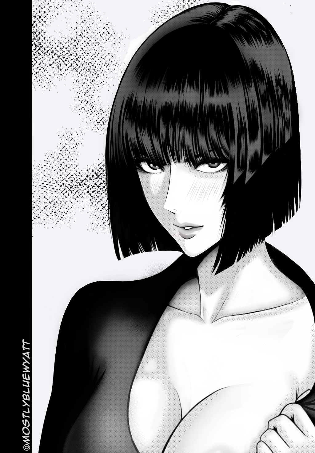 1girl black_hair breasts cleavage fubuki_(one-punch_man) greyscale highres large_breasts lips looking_at_viewer monochrome mostlybluewyatt one-punch_man parody parted_lips prison_school short_hair simple_background solo style_parody twitter_username undressing