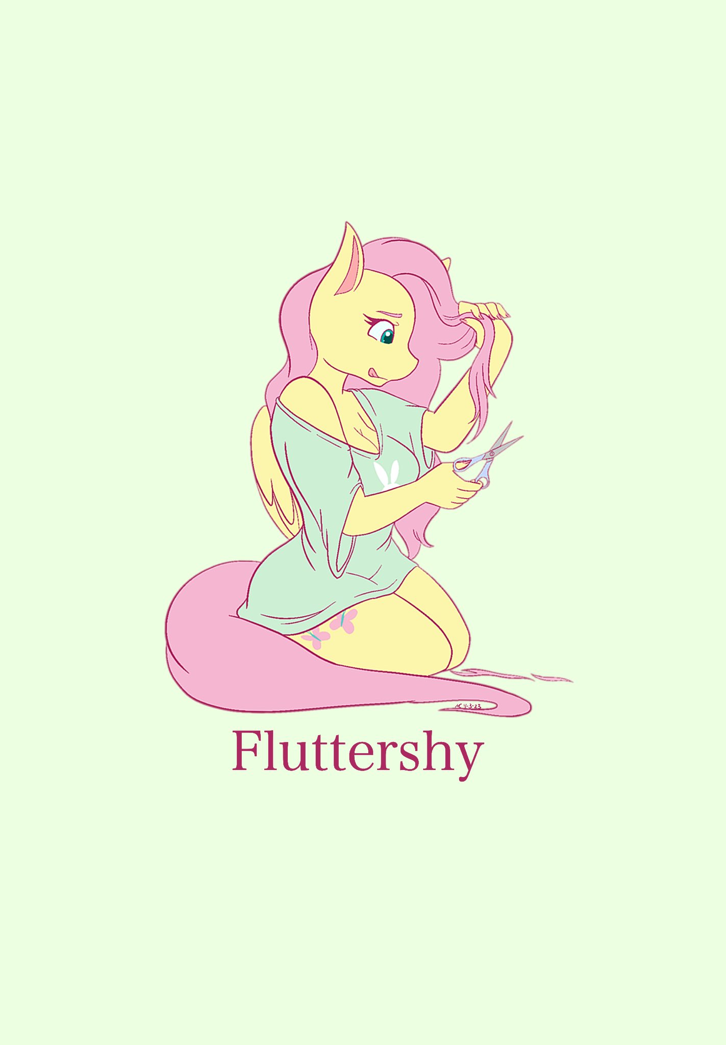 anthro arthropod blue_eyes butterfly cutie_mark equid equine eyelashes female fluttershy_(mlp) friendship_is_magic green_background hair hair_trimming hasbro hi_res holding_hair insect kneeling lepidopteran loose_shirt mammal mane mscolorsplash my_little_pony pegasus personal_grooming pink_mane pink_tail scissors simple_background solo styling_hair tail tongue tongue_out touching_hair trimming_(grooming) wings yellow_body yellow_wings