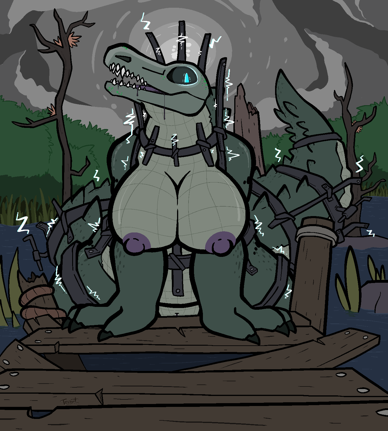alligator alligatorid anthro big_breasts bone breasts cloudy crocodilian curvy_figure detailed_background electricity female genitals hi_res huge_breasts hunt_showdown monster nipples nude outside plant pussy reptile rotjaw scalie skull solo swamp teeth thick_thighs tree trout_(artist) undead voluptuous water wide_hips