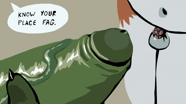 animated aviesergal balls big_penis bodily_fluids chastity_cage chastity_device chubby_male chunkolilt_(artist) dominant dominant_male dragon duo english_text erection genital_fluids genitals green_penis male male/male penis penis_size_difference precum reptile scalie sergal size_difference slightly_chubby slur speech_bubble text