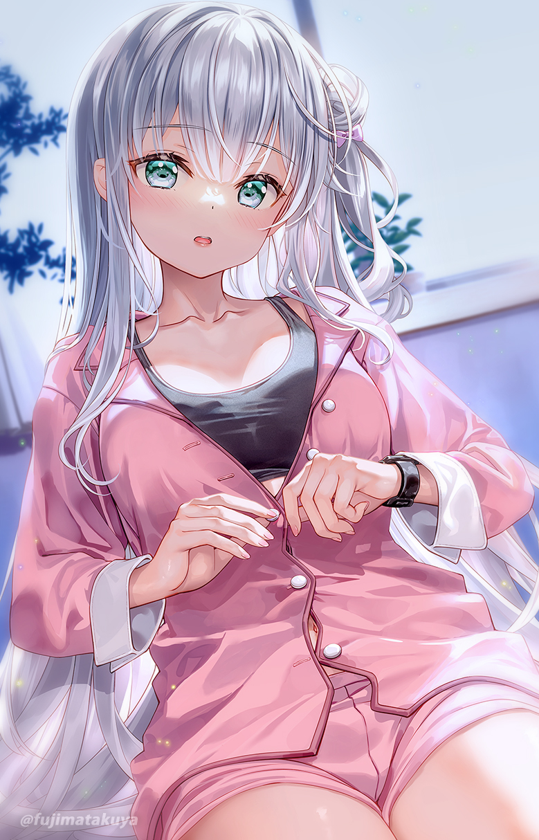 1girl aqua_eyes black_bra bokura_no_haru_ha_inazuma_no_youni bra breasts collarbone commentary_request fingernails fujima_takuya grey_hair hair_bun highres long_hair long_sleeves looking_at_viewer novel_illustration official_art open_mouth pajamas pink_nails pink_pajamas shirakawa_hakua small_breasts solo thighs twitter_username underwear very_long_hair watch white_hair