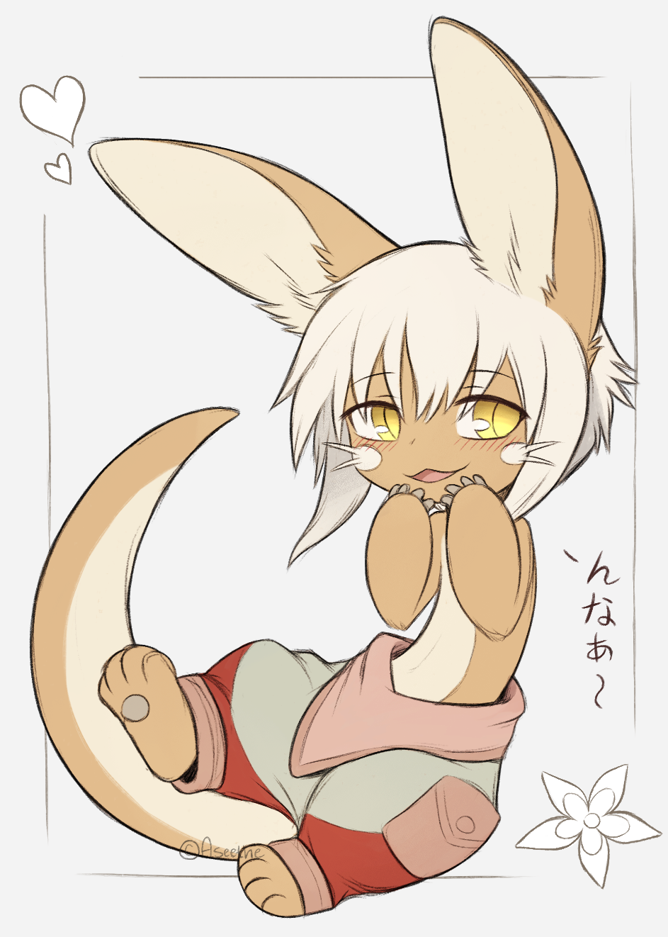 &lt;3 ambiguous_gender anthro aseethe clothed clothing digital_media_(artwork) fur hair hi_res japanese_text made_in_abyss nanachi partially_clothed paws simple_background smile smiling_at_viewer solo tan_body tan_fur text white_hair yellow_eyes