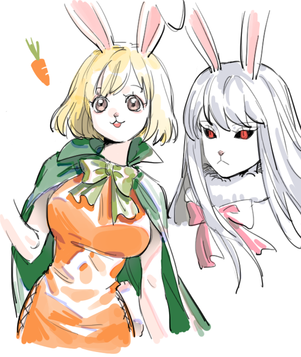 1girl animal_ears blonde_hair brown_eyes cape carrot carrot_(one_piece) collared_cape commentary dress green_cape long_hair looking_to_the_side neck_ribbon one_piece orange_dress rabbit_ears raine_(acke2445) red_eyes ribbon short_hair simple_background smile symbol-only_commentary upper_body white_background white_hair