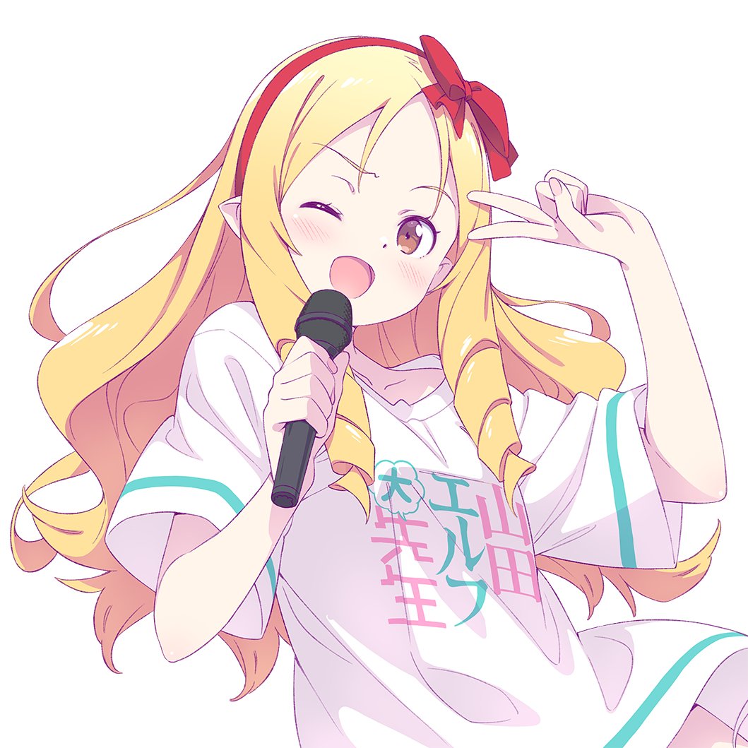 1girl blonde_hair brown_eyes commentary_request drill_locks eromanga_sensei hairband holding holding_microphone kanzaki_hiro long_hair microphone official_art one_eye_closed open_mouth pointy_ears red_hairband shirt smile solo t-shirt translation_request v yamada_elf