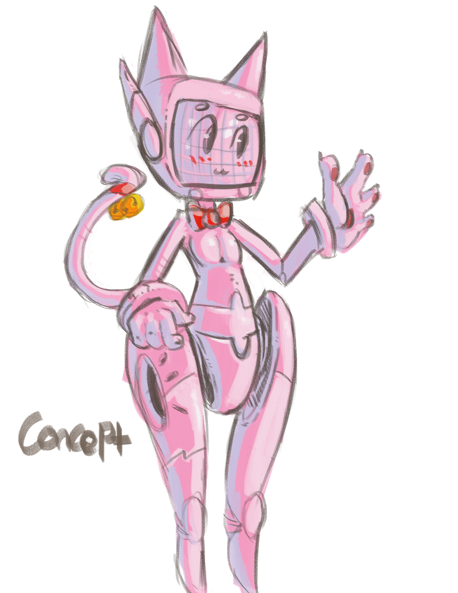 :3 actionbastardvirginblstr alpha_channel anthro bell blush blush_lines bow_tie breasts catbot domestic_cat english_text felid feline felis female hi_res machine mammal pink_body robot screen screen_face simple_background solo text thick_thighs thin_tail transparent_background