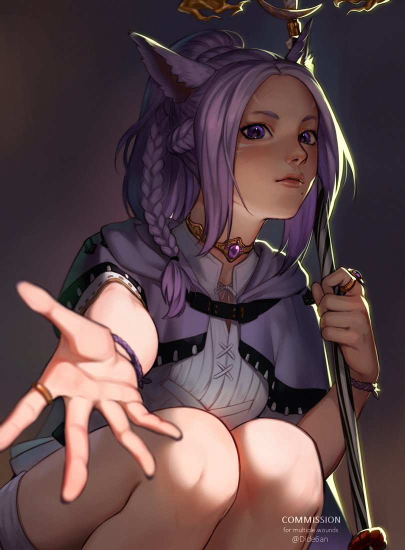 1girl animal_ears avatar_(ff14) big_hair bracelet breasts cat_ears cat_girl dide6an final_fantasy final_fantasy_xiv holding holding_staff jewelry long_hair looking_at_viewer medium_breasts miqo'te purple_eyes purple_hair ring solo staff