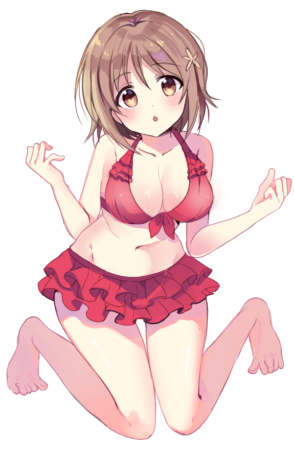 1girl bare_shoulders barefoot bikini bikini_skirt blush breasts brown_eyes brown_flower brown_hair chocho_(homelessfox) cleavage dot_nose flower front-tie_bikini_top front-tie_top full_body hair_flower hair_ornament hands_up idolmaster idolmaster_cinderella_girls idolmaster_cinderella_girls_starlight_stage kneeling large_breasts looking_at_viewer mimura_kanako navel open_mouth plump red_bikini short_hair simple_background solo swimsuit toenails toes white_background