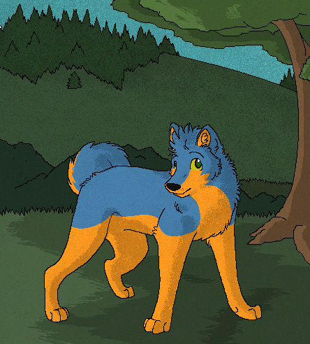 2011 ambiguous_gender black_nose blue_body blue_fur blue_sky bluekyokitty canid canine canis curled_tail detailed_background digital_drawing_(artwork) digital_media_(artwork) digitigrade domestic_dog eyebrows feral fox full-length_portrait fur grass green_eyes green_sclera head_tuft husky hybrid inner_ear_fluff low_res male_(lore) mammal nordic_sled_dog orange_body orange_fur orange_inner_ear_fluff outside paws plant portrait sebdoggo shaded sky solo spitz standing tail toby_wolfkat tree tuft