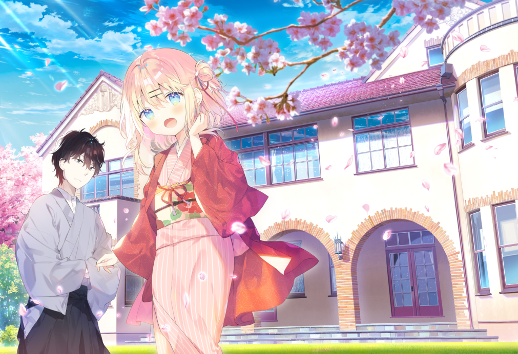 1boy 1girl :d black_hair black_hakama blonde_hair blue_eyes blue_sky blush branch building cloud cloudy_sky day flower grey_kimono hair_between_eyes hair_ornament hairclip hakama hakama_skirt japanese_clothes kimono long_sleeves looking_at_viewer mayu_(yuizaki_kazuya) obi open_clothes original outdoors petals pink_flower pink_kimono sash skirt sky smile striped striped_kimono vertical-striped_kimono vertical_stripes wide_sleeves window yuizaki_kazuya