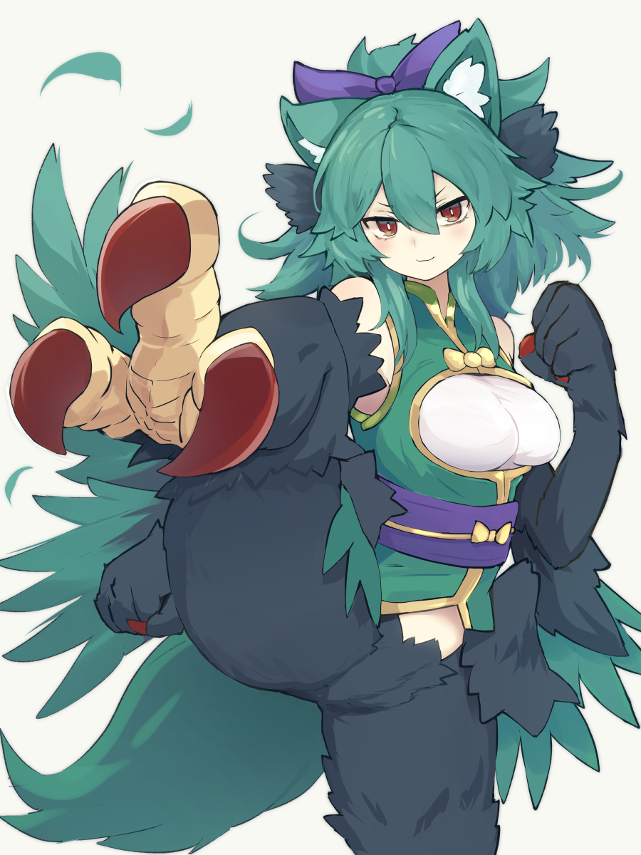 1girl animal_ear_fluff animal_ears animal_hands bare_shoulders black_feathers blush bow breasts cat_ears claws clenched_hands closed_mouth commentary_request feathers fighting_stance foot_up green_feathers green_hair green_shirt hair_between_eyes hair_bow harpy highres long_hair looking_at_viewer medium_breasts monster_girl morgan_(shinrabanshou) purple_bow purple_sash red_eyes red_nails sash shinrabanshou shirt simple_background sleeveless sleeveless_shirt smile solo standing standing_on_one_leg tail talons white_background wings yonaga_san