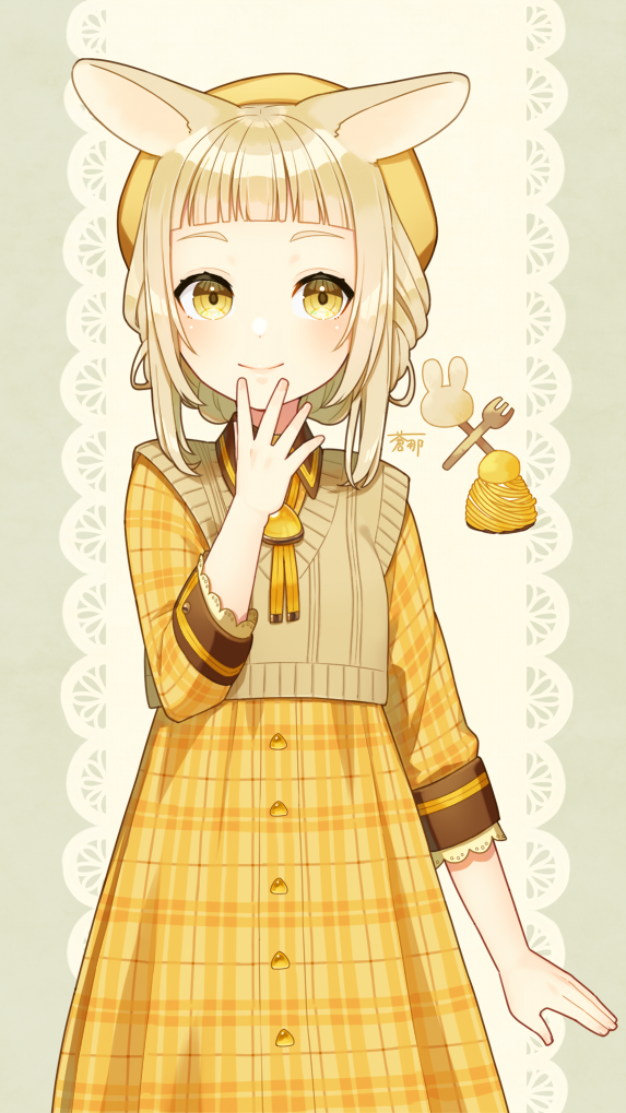 1girl animal_ears aona_(noraneko) arm_at_side beret blonde_hair blunt_bangs bolo_tie brown_sweater_vest buttons collared_dress cowboy_shot dress food fork green_background hand_to_own_mouth hat lace_background looking_at_viewer medium_hair mont_blanc_(food) original personification plaid plaid_dress rabbit rabbit_ears short_bangs sleeves_past_elbows smile solo standing sweater_vest yellow_dress yellow_eyes yellow_headwear