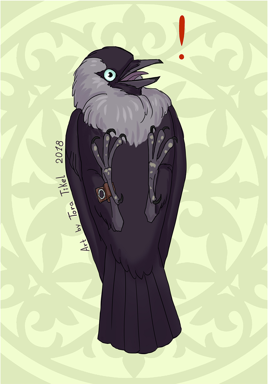 2018 4_toes ambiguous_gender anisodactyl artist_name avian avian_feet beak bipedal_feral bird black_body black_feathers blue_eyes claws colored corvid corvus_(genus) digital_media_(artwork) digitigrade english_text exclamation_point feathered_wings feathers feet feral full-length_portrait grey_body grey_feathers hi_res jackdaw korn_(tora_tikel) looking_at_viewer multicolored_body multicolored_feathers nude open_beak open_mouth oscine passerine portrait scuted_feet scuted_legs scutes shaded simple_background solo tail tail_feathers talons text toe_claws toes tongue tora_tikel two_tone_body two_tone_feathers western_jackdaw wings