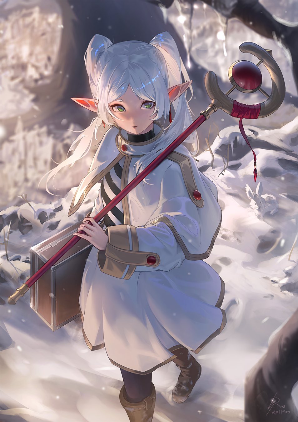 1girl artist_name boots brown_footwear capelet cold earrings footprints frieren green_eyes highres holding holding_staff jewelry long_hair looking_to_the_side outdoors pointy_ears rabbit raikoart shadow short_eyebrows signature snow solo sousou_no_frieren staff suitcase thick_eyebrows tree twintails walking white_capelet white_hair