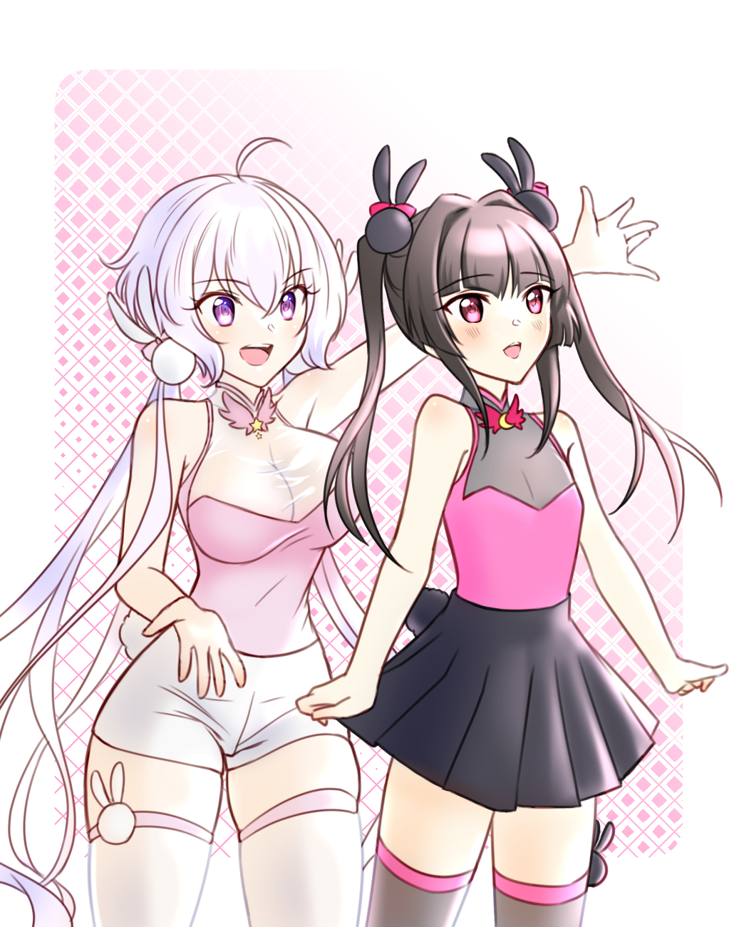 2girls ahoge axia-chan bare_shoulders black_hair black_skirt black_thighhighs blunt_bangs blush breasts cleavage cowboy_shot hair_ornament highres large_breasts long_hair looking_ahead multiple_girls open_mouth pink_eyes purple_eyes senki_zesshou_symphogear shorts skirt small_breasts smile standing teeth thighhighs tsukuyomi_shirabe twintails upper_teeth_only white_shorts white_thighhighs yukine_chris