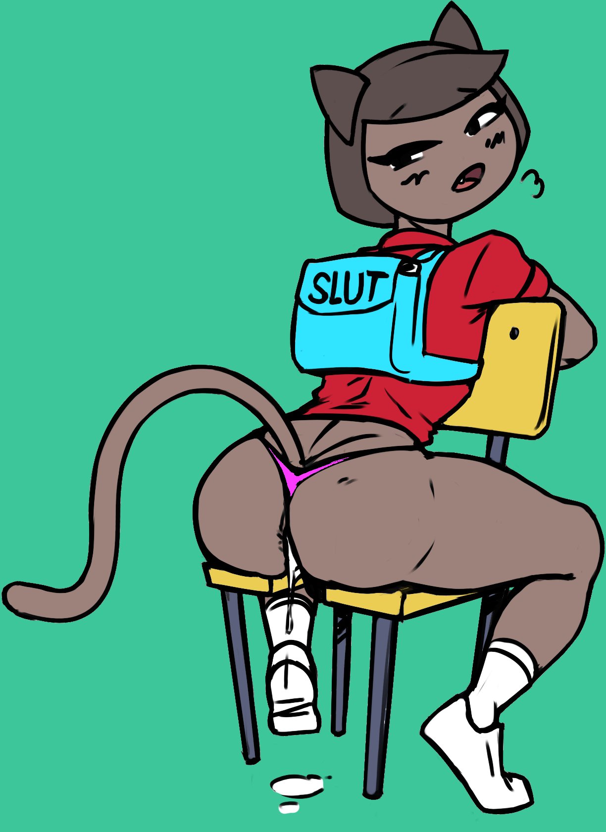 2023 after_anal after_sex anthro backpack bedroom_eyes bent_leg big_butt biped black_eyebrows black_eyelashes black_pupils black_text blue_backpack blush blush_lines bodily_fluids breath brown_body brown_ears brown_fur brown_hair butt cartoon_network chair clothed clothed_anthro clothed_male clothing color_edit colored cum cum_drip cum_from_ass cum_in_ass cum_inside cum_on_ground digital_drawing_(artwork) digital_media_(artwork) domestic_cat dripping english_text eyebrow_through_hair eyebrows eyelashes fangs felid feline felis footwear fur furniture genital_fluids girly green_background hair half-closed_eyes head_turned hi_res long_eyelashes looking_at_viewer looking_back looking_back_at_viewer looking_pleasured male mammal narrowed_eyes ok_k.o.!_let's_be_heroes on_chair open_mouth panting pink_clothing pink_thong pink_tongue pink_underwear prick_ears profanity pupils purrcival randomcartoon2 red_clothing red_shirt red_topwear redout seductive shirt shoes short_hair simple_background sitting sitting_on_chair socks solo tail teeth text text_on_backpack thick_thighs third-party_edit thong three-quarter_view tongue topwear translucent translucent_hair underwear white_clothing white_footwear white_shoes white_socks yellow_chair