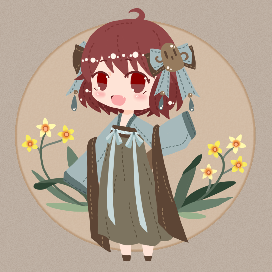 1other ahoge alternate_costume blue_bow blue_sleeves bow brown_background brown_bow brown_footwear brown_robe chinese_clothes circle colored_eyelashes commentary_request fang flower flower_request full_body hagoromo hair_bow hanfu haniwa_hair_ornament katano_sukune kotomine_kokoro len'en light_blush long_sleeves looking_at_viewer multiple_hair_bows one-hour_drawing_challenge open_mouth other_focus red_eyes red_hair ribbon-trimmed_bow robe shawl shoes short_hair sleeves_past_fingers sleeves_past_wrists smile solo white_bow wide_sleeves yellow_flower