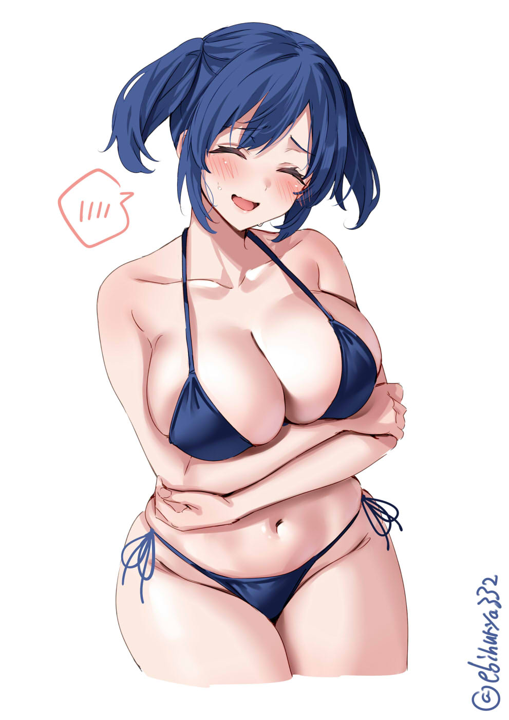 1girl alternate_costume arms_under_breasts bare_shoulders bikini blue_bikini blue_hair blush breasts closed_eyes collarbone commentary_request cowboy_shot cropped_legs crossed_arms ebifurya facing_viewer hair_between_eyes highres kantai_collection large_breasts long_hair navel one-hour_drawing_challenge open_mouth short_hair side-tie_bikini_bottom sidelocks simple_background solo souryuu_(kancolle) spoken_blush stomach string_bikini sweat swimsuit thighs twitter_username two_side_up white_background