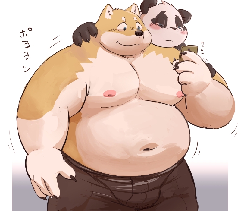 2023 anthro bear belly big_belly black_body blush bottomwear brown_body canid canine canis cellphone clothing domestic_dog duo giant_panda japanese_text kemono male mammal meg_hoi moobs navel nipples overweight overweight_male pants phone smartphone text white_body